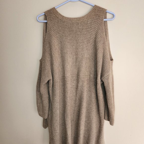 Women's Oversized Cold Shoulder Tan Knit Sweater - Size Small - Picture 3 of 3